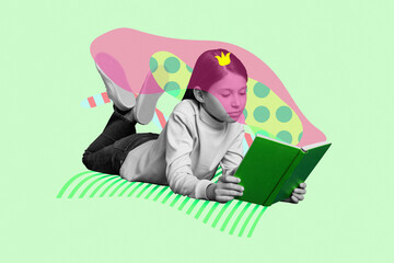 Creative poster collage of dreamy cute charming little girl reading book crown princess queen fairy tale education imagination wonderland - Powered by Adobe