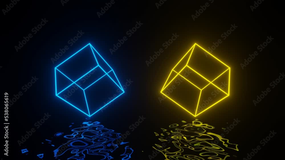 Poster neon glowing cubes moving in dark space with reflections on the liquid floor. seamless loop abstract