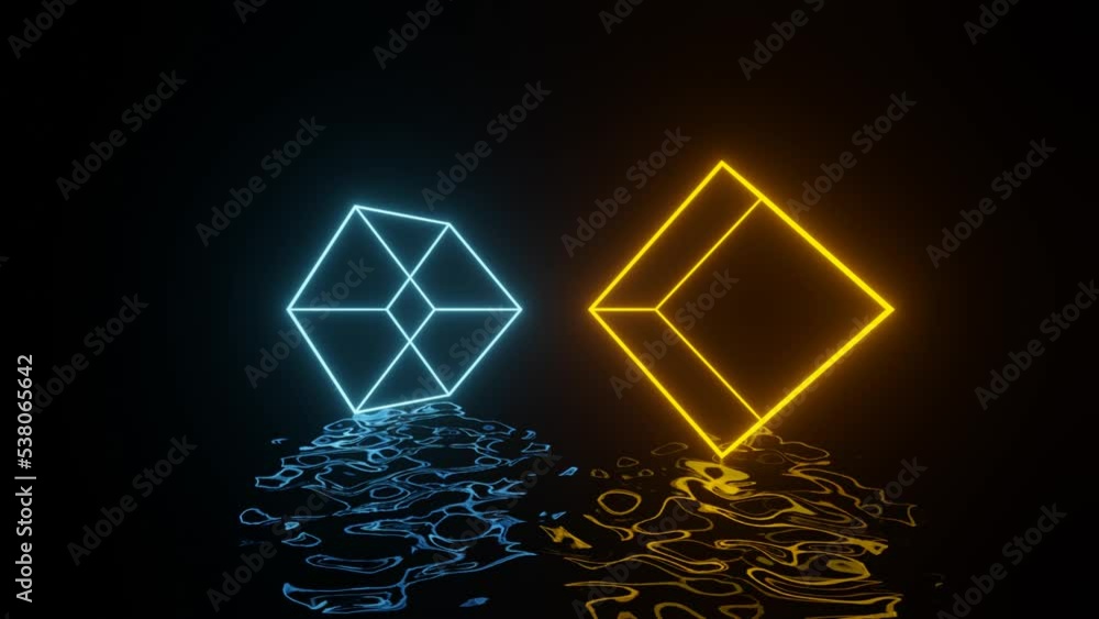Poster orange and blue neon glowing cubes in dark space with reflections on the liquid floor. seamless loop