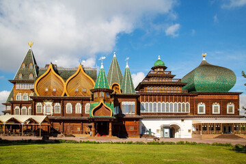 Kolomna Palace of Tsar Alexei Mikhailovich made of wood with beautiful turrets and towers, a tent made of mother-of-pearl tiles on a clear sunny day. Sights of Moscow, World tourism.