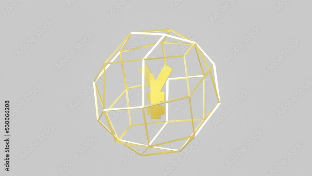 Poster 3d render japanese currency yen symbol in golden spherical cage on a white background. seamless loop