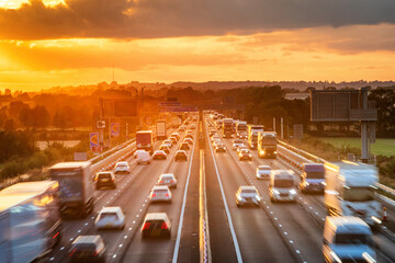 heavy traffic in blurry motion on UK motorway in England - obrazy, fototapety, plakaty