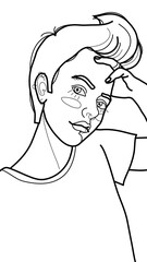 page with the image of a young girl with a stylish short haircut and piercing. Graphic linear drawing for self-coloring