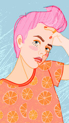 An author's illustration depicting a young girl with short pink hair in a bright orange T-shirt with an orange print.