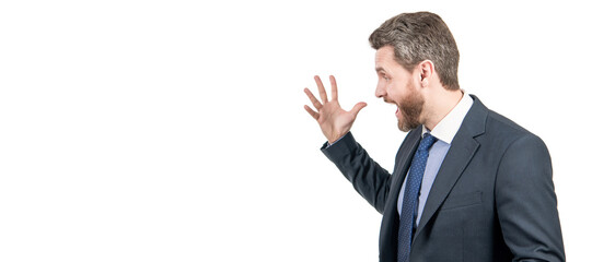 Angry man businessman in formal suit shout gesticulating isolated on white copy space, anger. Man...