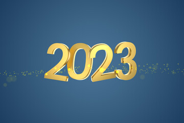Golden digits 2023 with sparkes on blue background. Greeting card design new year 2023. 3D Illustration