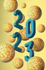 Pastel blue numbers 2023 and disco balls floating in air on the yellow bacground. Retro greeting card. Happy New Year 2023 Background. 3D retro Illustration, isometric style, hero view.