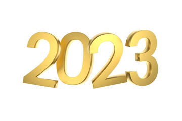 Golden digits 2023 on isolated transparent background. Greeting card design new year 2023. 3D Illustration