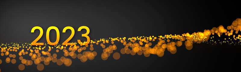 Happy New Year 2023 Background. Golden numbers 2023 with sparkes on black background. 3D Illustration, banner. Place for text