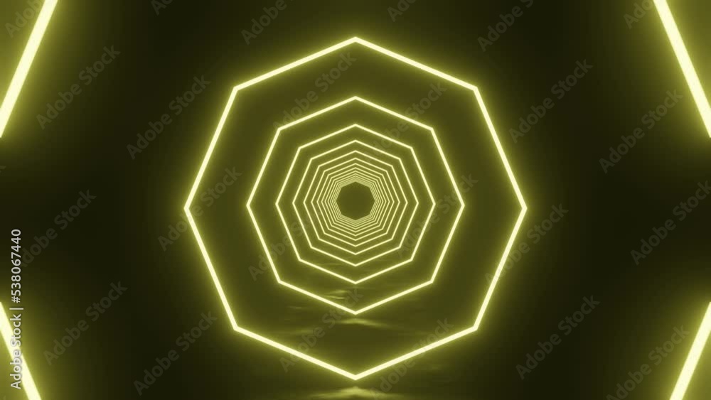 Poster neon glowing yellow abstract futuristic tunnel. seamless loop sci-fi motion graphic. neon glowing st
