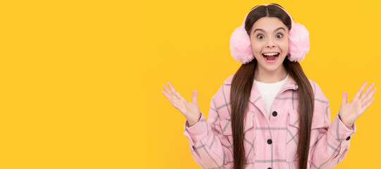 Surprise. Surprised child screaming yellow background. Surprise scream. Child face, horizontal poster, teenager girl isolated portrait, banner with copy space.