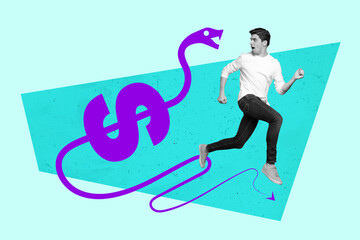 Photo sketch graphics artwork picture of scared unhappy guy running away dangerous debt snake isolated drawing background