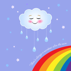 Fototapeta na wymiar There's always a rainbow after the rain cute illustration with smiling cloud and raindrops, rainbow and inspirational phrase.