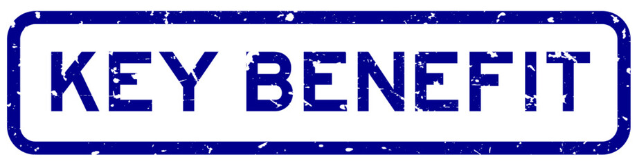 Grunge blue key benefit word square rubber seal stamp on white background