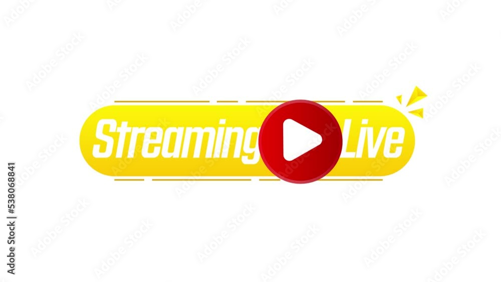 Poster Animation live stream icon flat style with play button isolated on transparent background for blog, player, broadcast, website, online radio, media labels, logo. Live stream banner