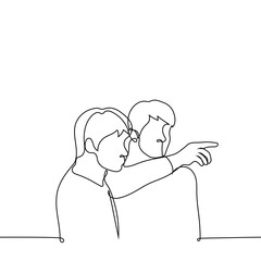 man pointing his finger at something in the distance to his friend - one line drawing vector. concept the guide points out the object, the friends are watching