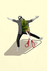 Creative trend collage of funny young man grass chest hair big scissors cutting have fun barber...