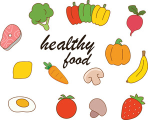Healthy food doodles include fruits and vegetables.
