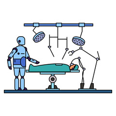 Robotic surgery Concept, Surgeon robot with patient in operating room vector color icon design, Robotic medicine symbol, Healthcare Scene Sign, Innovation Artificial Intelligence Work in Modern Clinic