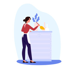 Woman dusting the surface of furniture with a duster. Housewife at home.  Housemaid cleaning the apartment. Cleaning service. Cleaner app. Icon, web banner. Flat vector illustration.