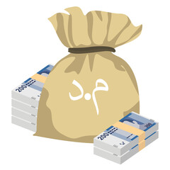 Moroccan Dirham Vector Illustration. Morocco, Ceuta, Melilla, Spain money set bundle banknotes. Money bag 200 MAD. Flat style. Isolated on white background. Simple minimal design.