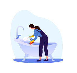Woman washing bathtub with detergent and sponge. Housewife at home.  Housemaid cleaning the apartment, bathroom. Cleaning service. Cleaner app. Icon. Cleaning application design. Flat illustration.