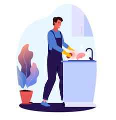 Man washing the dishes in the kitchen with detergent, foam, sponge.  Husband at home.  Cleaning the apartment.  Cleaning service. Cleaner app. Icon. Cleaning application design. vector illustration.