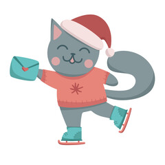Merry Christmas greeting card cat symbol of the year. Vector flat illustration of New Year's cat. Cartoon cute cat skating.