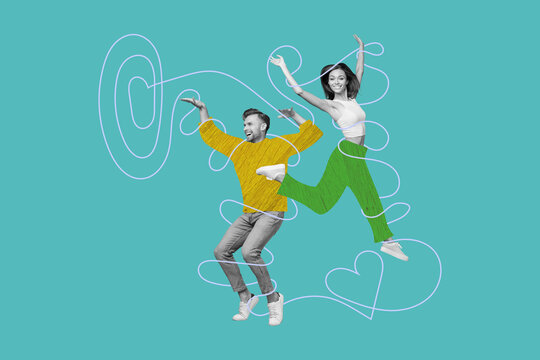 Collage photo of young funny energetic active dancing couple doodle wear stylish painted outfit jumping gymnastics isolated on cyan color background