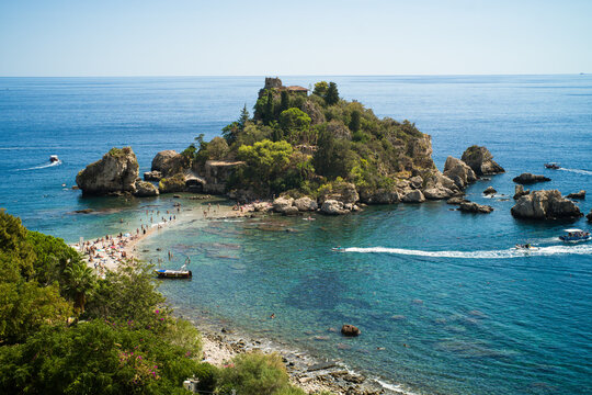 isola Bella island in Taormina, Sicily on a sunny day, view from above