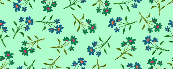 beautiful hand drawn green and blue flowers seamless pattern wallpaper background header