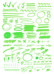 PNG transparent big bulk collection of fluorescent green highlighter spots, check marks, lines, circles, arrows and underlines	 - 538073045