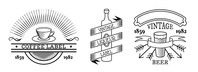 PNG transparent vintage labels and beverages emblems - wine bottle, coffee cup and beer glass
