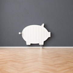 Saving heat energy concept. A radiator in the form of a piggy bank. Copy space available. Square...