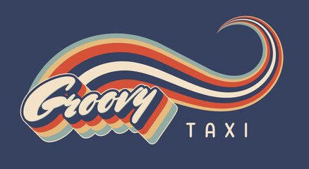 Retro inscription Groovy Taxi on a dark background with a retro rainbow wavy