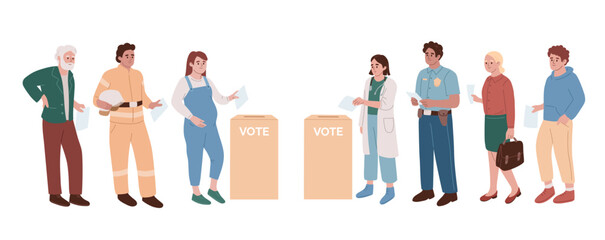 Different people throwing ballot papers in the ballot boxes. Casting ballots at the polling place. Group of voters, electorate standing in line. Democracy concept. Flat vector illustration.