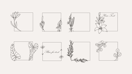 Flowers borders. Hand drawn line botanical elements frames. Floral decor, wedding invitation decor, cards and posters design objects, vector contemporary botanic set