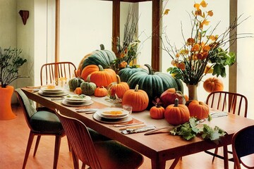 thanksgiving kitchen meal with pumpkins