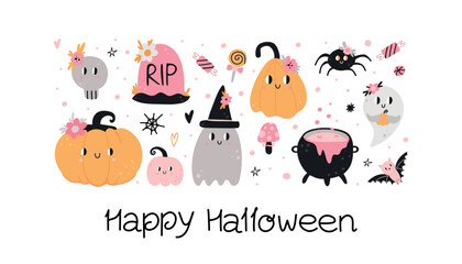 Cute Halloween banner. Funny pumpkin, spooky ghost, black cat and spider characters. Pink colors, childish prints and cards, party decoration collection. Vector cartoon isolated illustration set