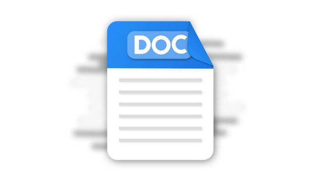 DOC file icon. Flat design graphic. Animation DOC icon. Motion design isolated on white background