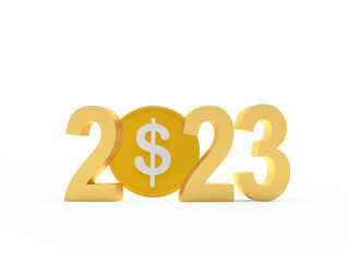 Golden number 2023 with dollar coin. 3D illustration