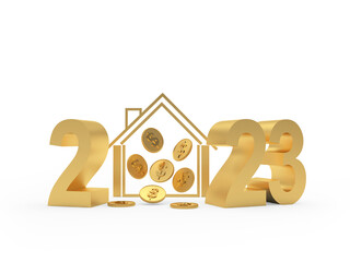 House icon with golden coins and number 2023. 3D illustration