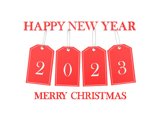 Number 2023 of the New Year on red labels with Christmas greetings. 3D illustration