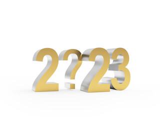 Golden number 2023 with a question mark on a white background. 3D illustration