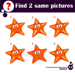 Children educational game. Find two same pictures of cute starfish