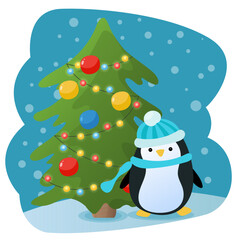 Cartoon penguin standing near Christmas tree. Cute Christmas seasonal illustration in flat cartoon style. Vector illustration.