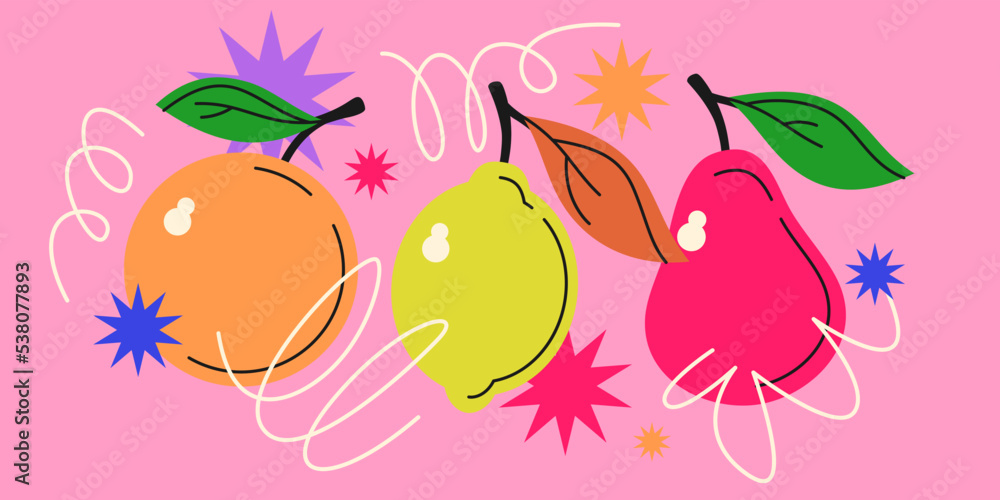 Poster vector graphics in a trendy minimalist style with geometric elements and fruits. elements for design