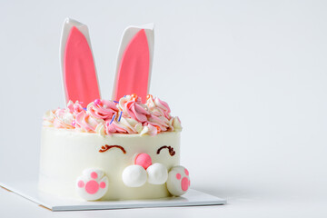 Easter bunny celebration cake  on white background, homemade cute
