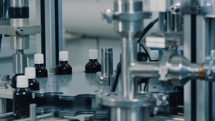 Automated production line conveyor in a factory with screw caps on glass bottles. Medical Conveyor Production of Pharmaceuticals. Twist Bottles. Pharmaceutical Industry. Close up, DOF