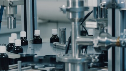 Automated production line conveyor in a factory with screw caps on glass bottles. Medical Conveyor...